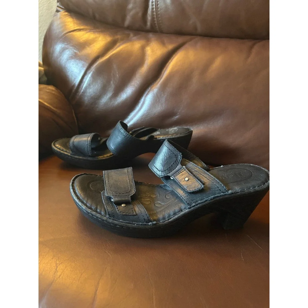 Born Black Leather Platform Wedge Slide‎ Sandals Womens 8M Casual Whimsigoth